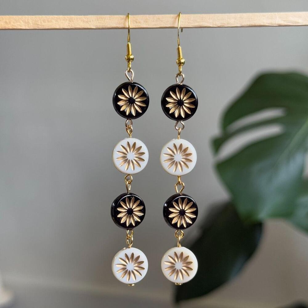 handmade earrings with black & white czech round beads and gold accents